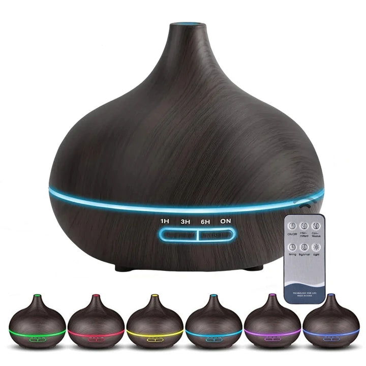 550ml USB Aroma Diffuser – Wood Grain Essential Oil Humidifier with LED & Remote