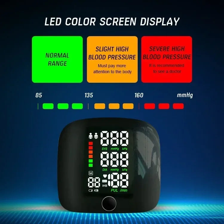 LED Rechargeable Wrist Blood Pressure Monitor – Multilingual Voice Broadcast