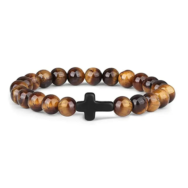 Natural Stone Christian Bracelet – Hematite Cross & Wood Beads for Men & Women
