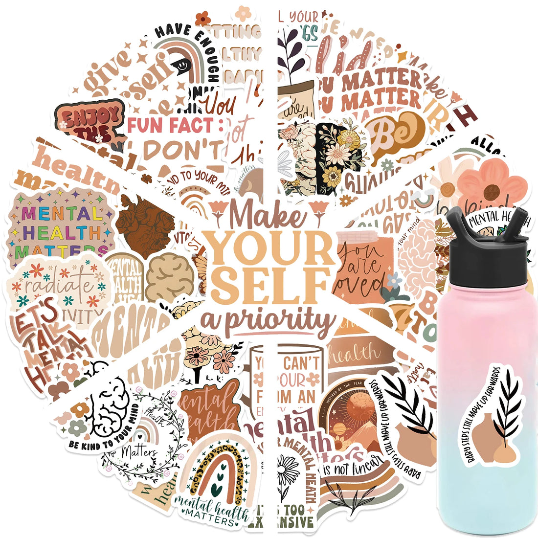 50pcs Mental Health Stickers – Graffiti Decals for Laptop, Water Bottle & More