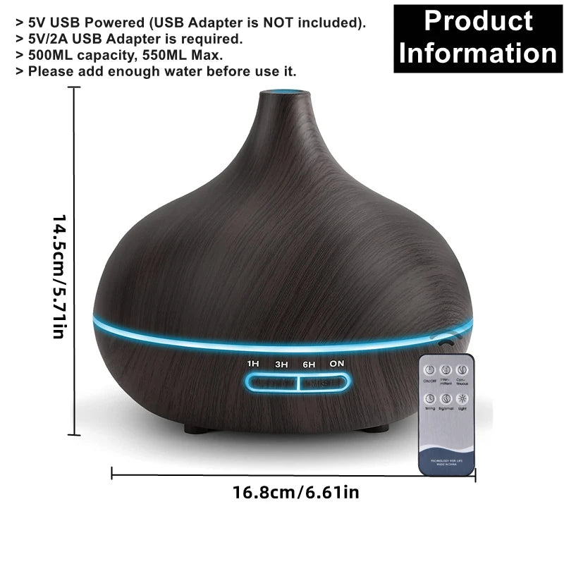 550ml USB Aroma Diffuser – Wood Grain Essential Oil Humidifier with LED & Remote