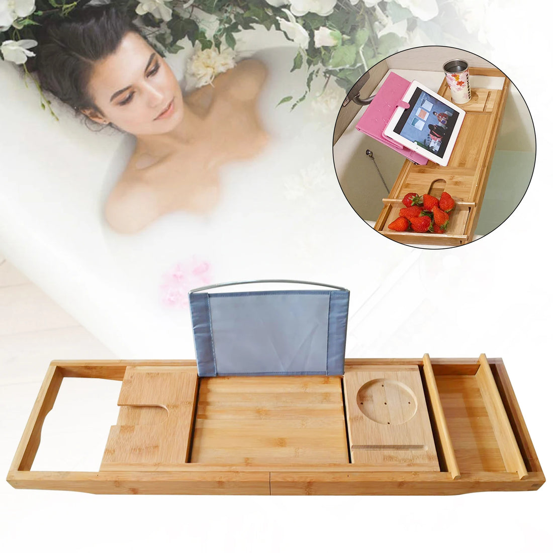 Expandable Bamboo Bathtub Tray – Large Capacity Bath Caddy for Wine, Phone & Tablet