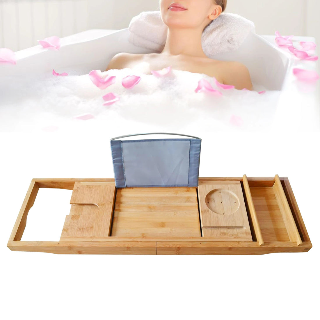 Expandable Bamboo Bathtub Tray – Large Capacity Bath Caddy for Wine, Phone & Tablet