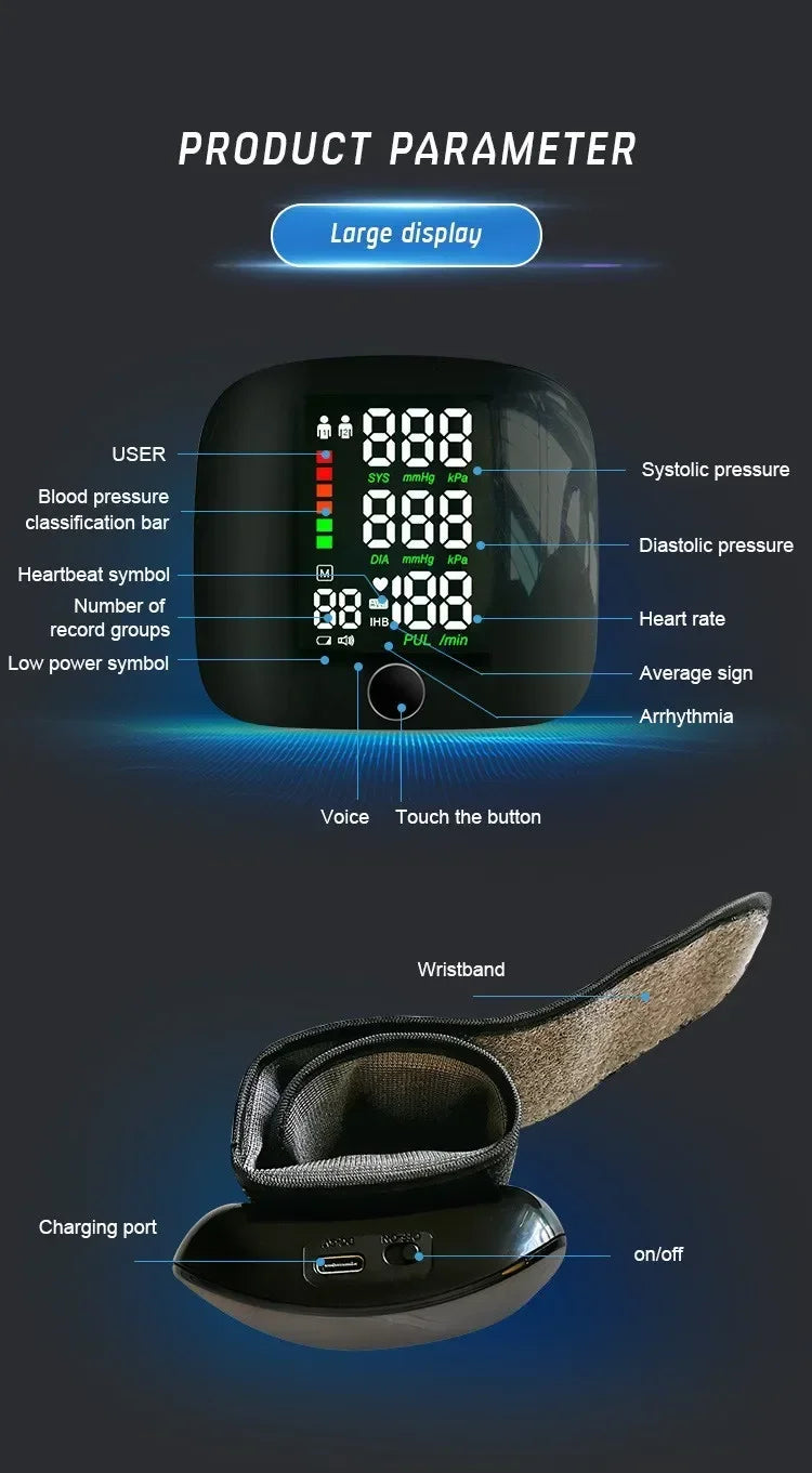 LED Rechargeable Wrist Blood Pressure Monitor – Multilingual Voice Broadcast