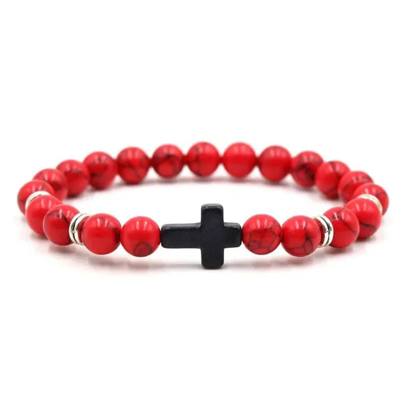 Natural Stone Christian Bracelet – Hematite Cross & Wood Beads for Men & Women