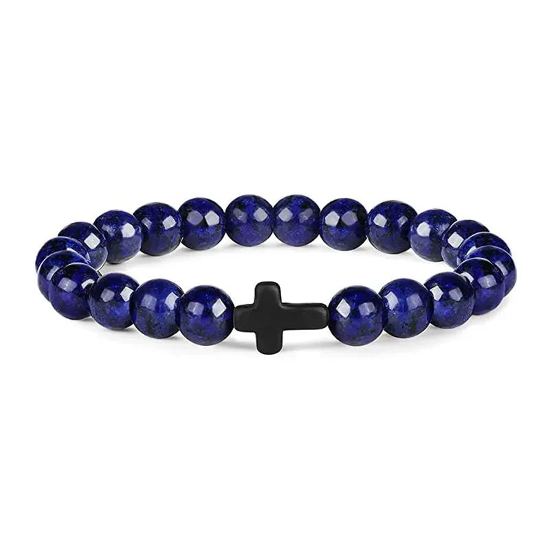 Natural Stone Christian Bracelet – Hematite Cross & Wood Beads for Men & Women