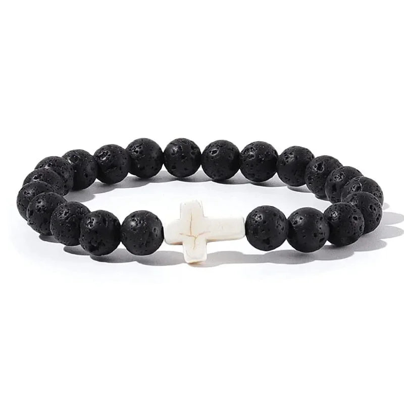 Natural Stone Christian Bracelet – Hematite Cross & Wood Beads for Men & Women