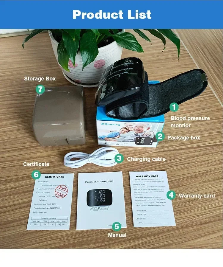 LED Rechargeable Wrist Blood Pressure Monitor – Multilingual Voice Broadcast