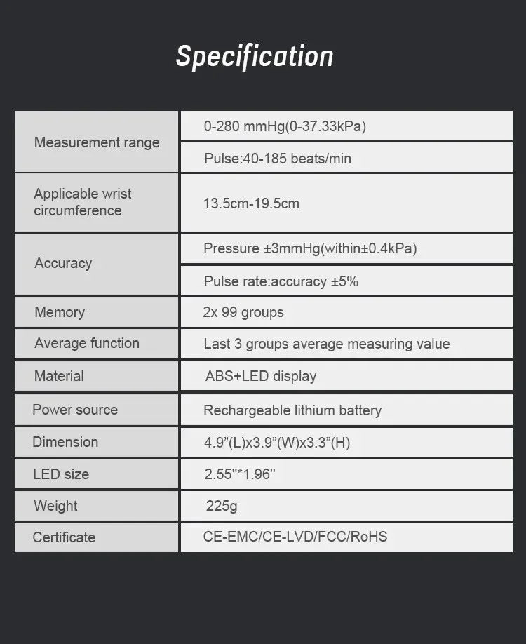 LED Rechargeable Wrist Blood Pressure Monitor – Multilingual Voice Broadcast
