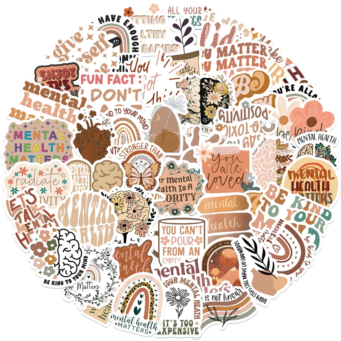 50pcs Mental Health Stickers – Graffiti Decals for Laptop, Water Bottle & More