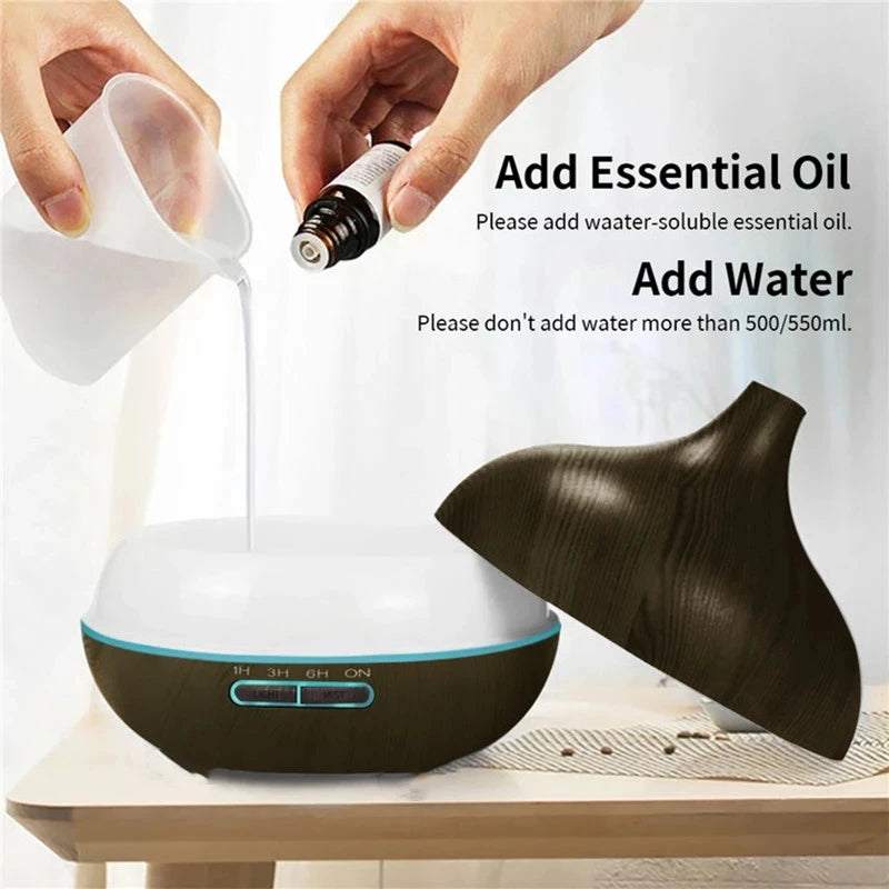 550ml USB Aroma Diffuser – Wood Grain Essential Oil Humidifier with LED & Remote