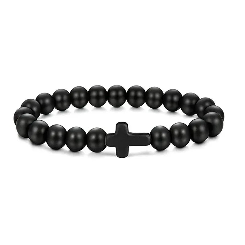 Natural Stone Christian Bracelet – Hematite Cross & Wood Beads for Men & Women