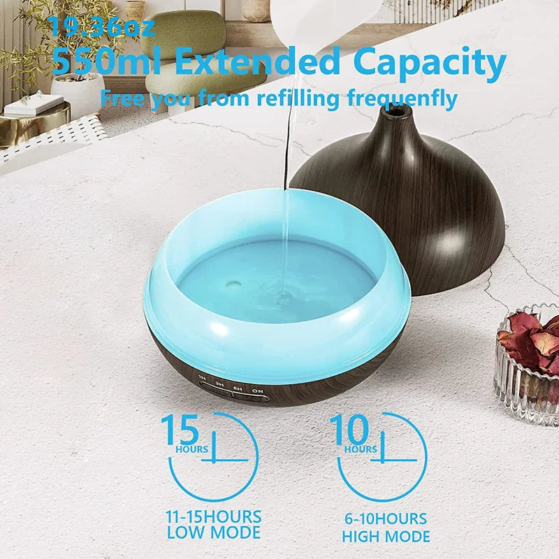 550ml USB Aroma Diffuser – Wood Grain Essential Oil Humidifier with LED & Remote
