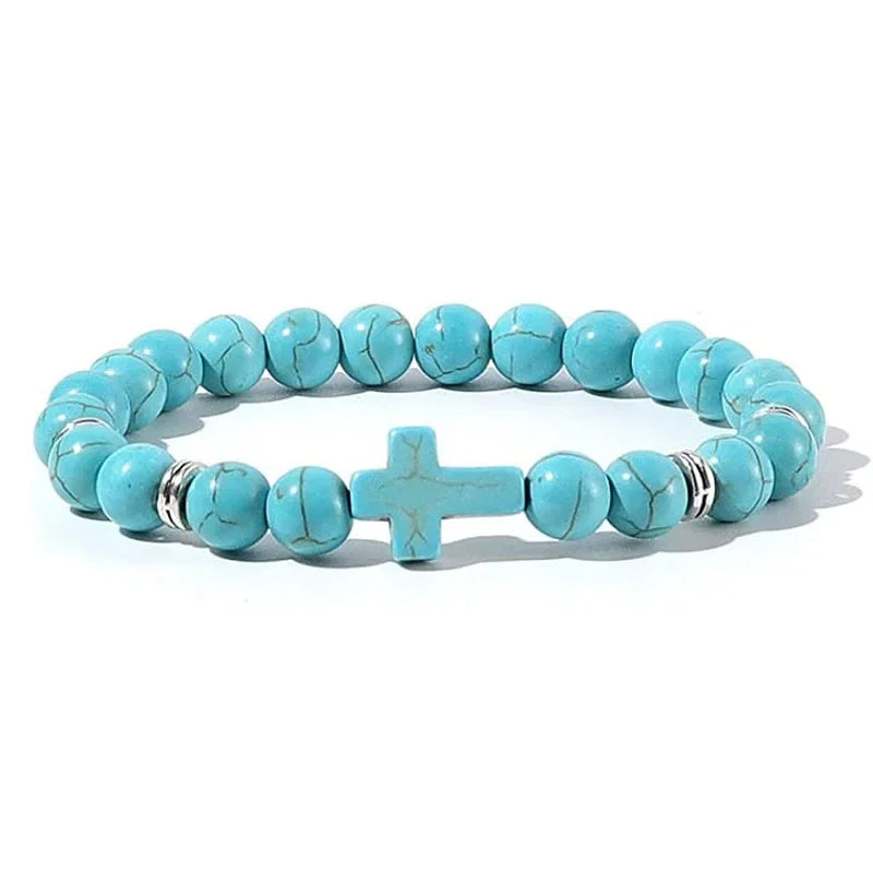 Natural Stone Christian Bracelet – Hematite Cross & Wood Beads for Men & Women