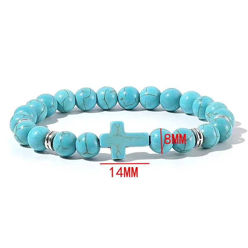 Natural Stone Christian Bracelet – Hematite Cross & Wood Beads for Men & Women