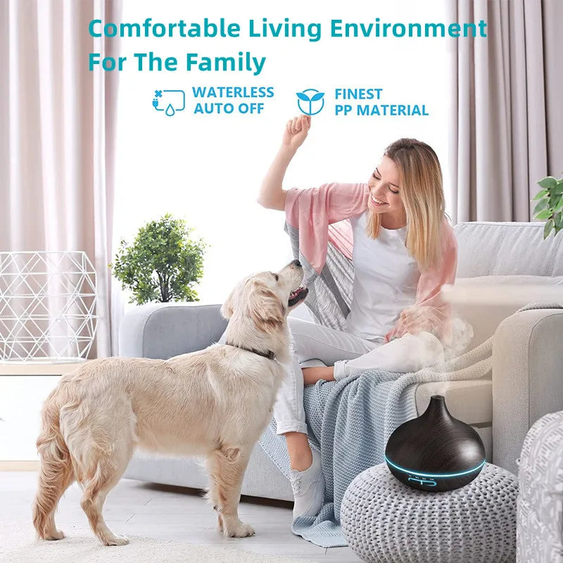 550ml USB Aroma Diffuser – Wood Grain Essential Oil Humidifier with LED & Remote