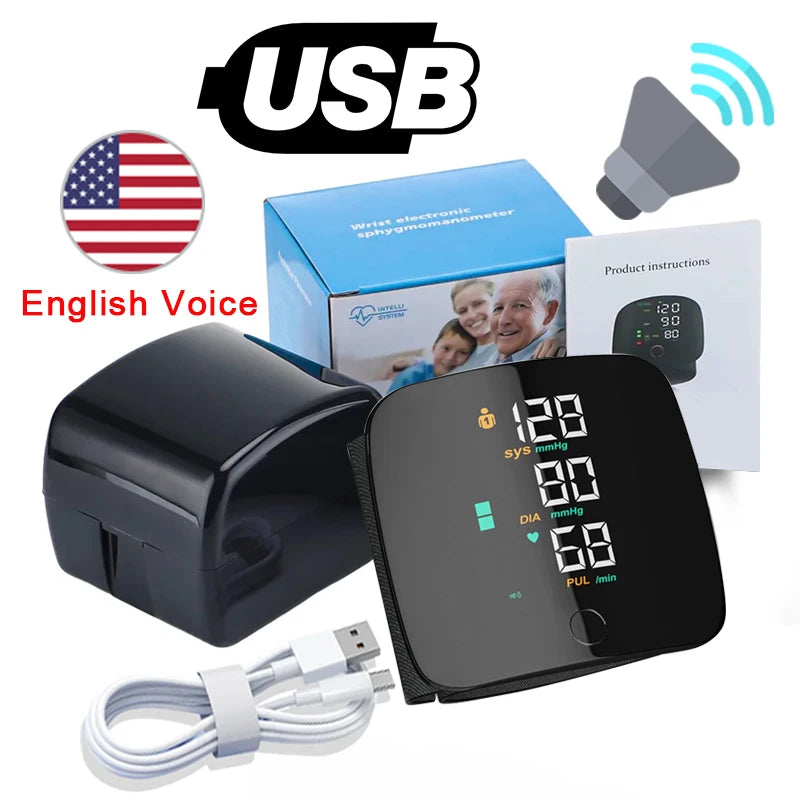 LED Rechargeable Wrist Blood Pressure Monitor – Multilingual Voice Broadcast