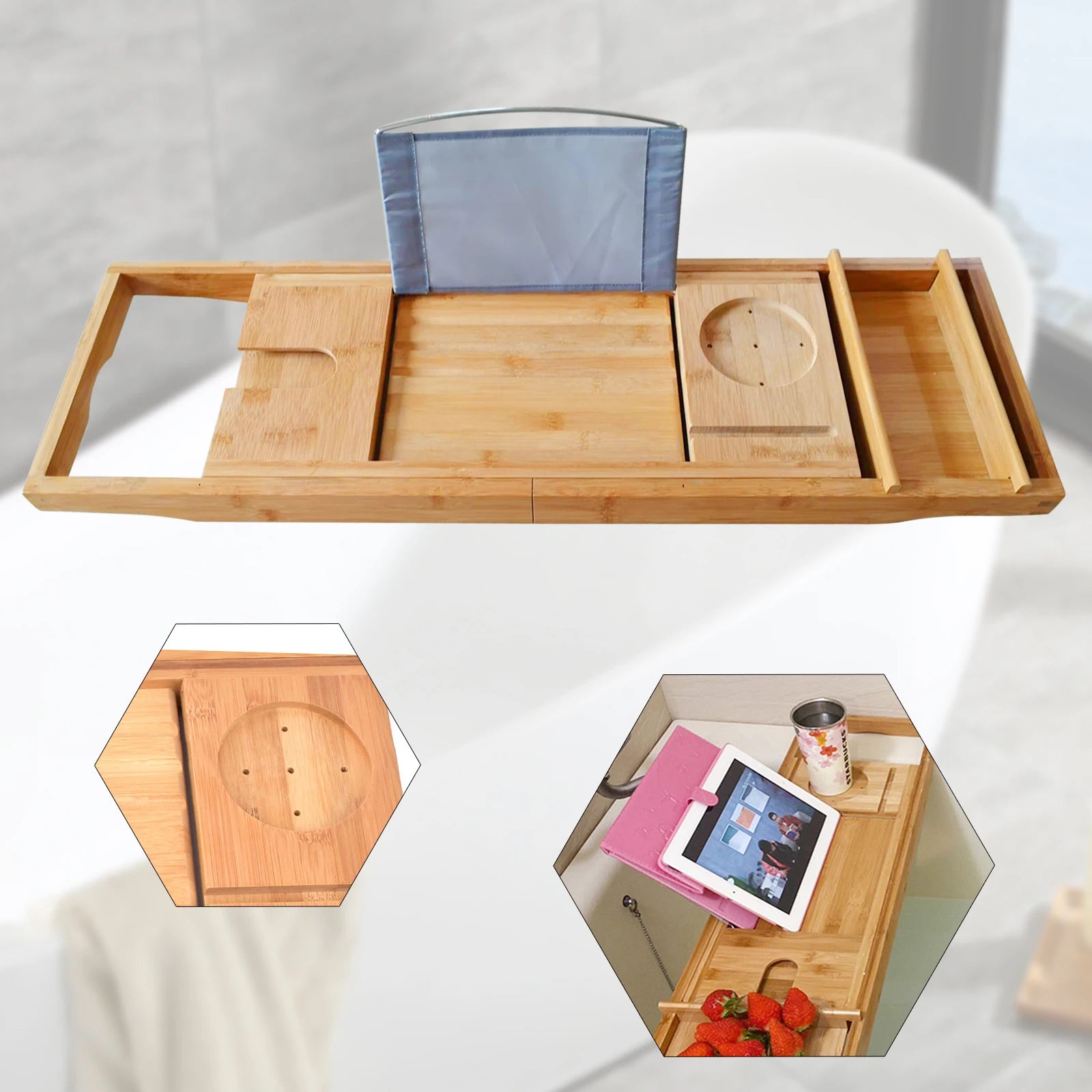 Retractable Design Bamboo Bathtub Tray, Log Color Bamboo and Waterproof Tray, Expandable Strong Load-Bearing Bathroom Tray