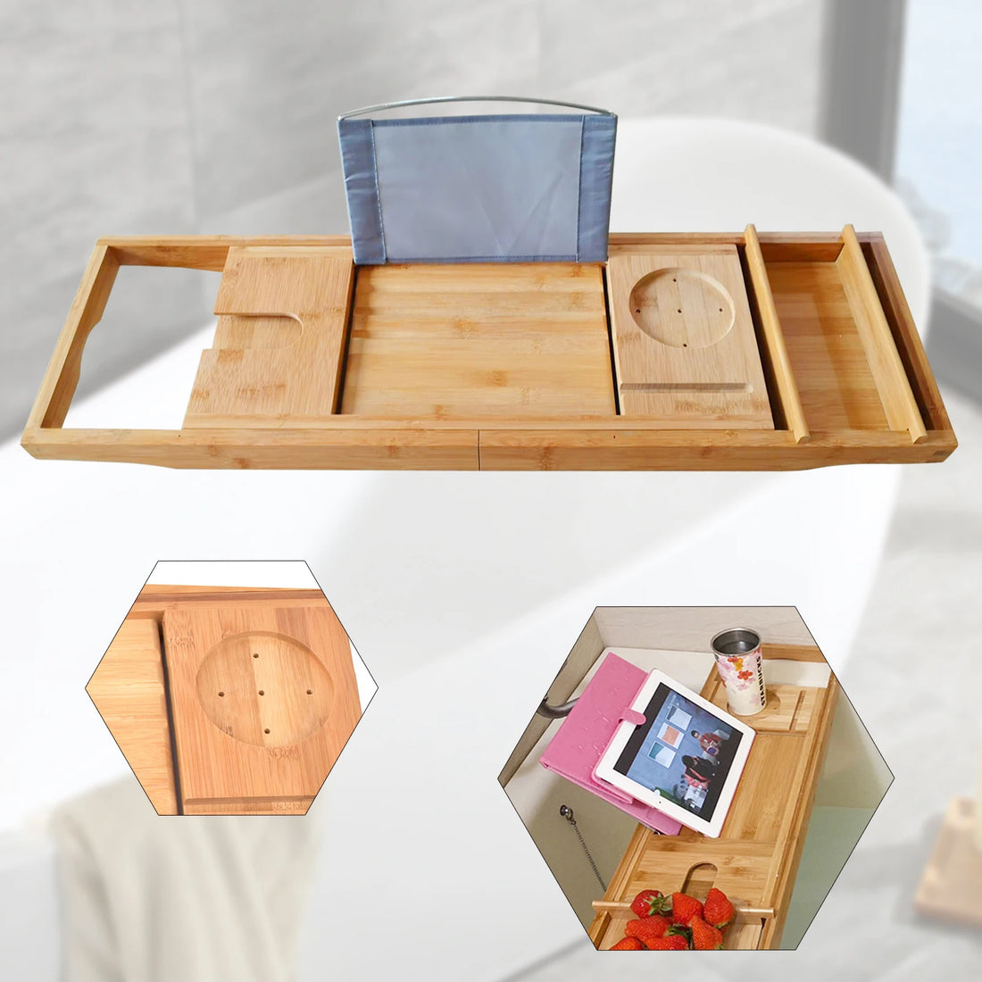 Retractable Design Bamboo Bathtub Tray, Log Color Bamboo and Waterproof Tray, Expandable Strong Load-Bearing Bathroom Tray
