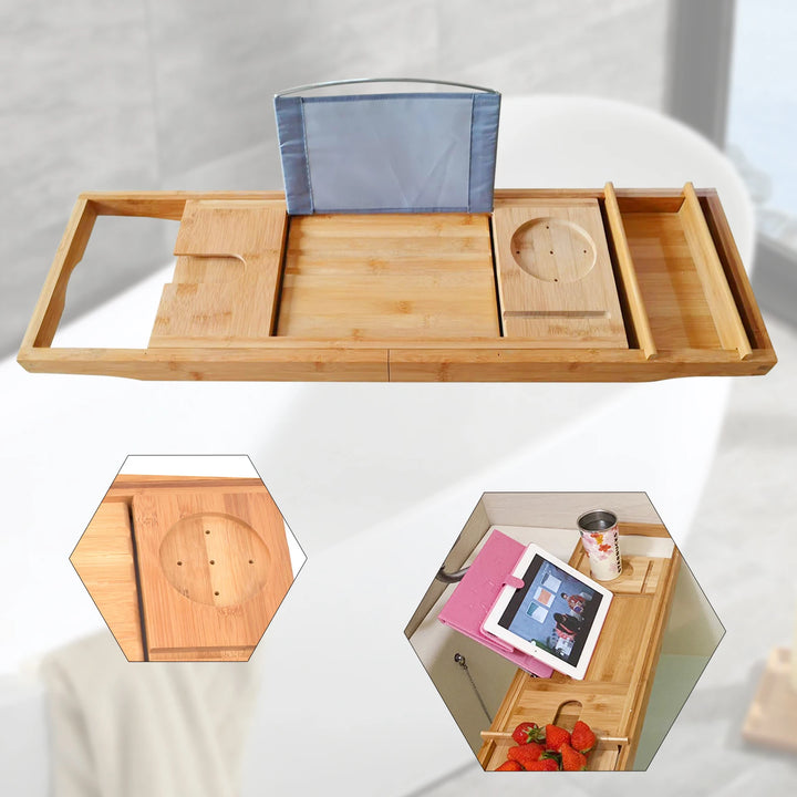 Retractable Design Bamboo Bathtub Tray, Log Color Bamboo and Waterproof Tray, Expandable Strong Load-Bearing Bathroom Tray