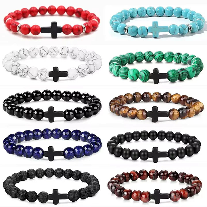 Natural Stone Christian Bracelet – Hematite Cross & Wood Beads for Men & Women