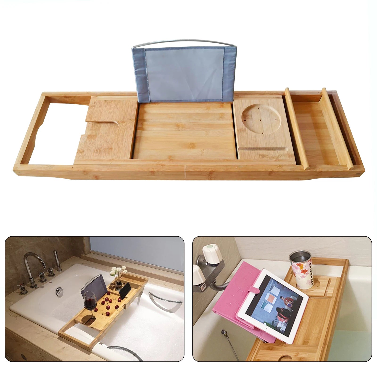 Retractable Design Bamboo Bathtub Tray, Log Color Bamboo and Waterproof Tray, Expandable Strong Load-Bearing Bathroom Tray