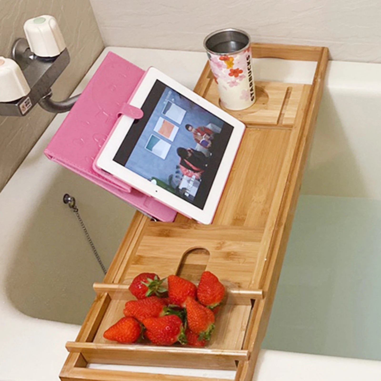 Retractable Design Bamboo Bathtub Tray, Log Color Bamboo and Waterproof Tray, Expandable Strong Load-Bearing Bathroom Tray