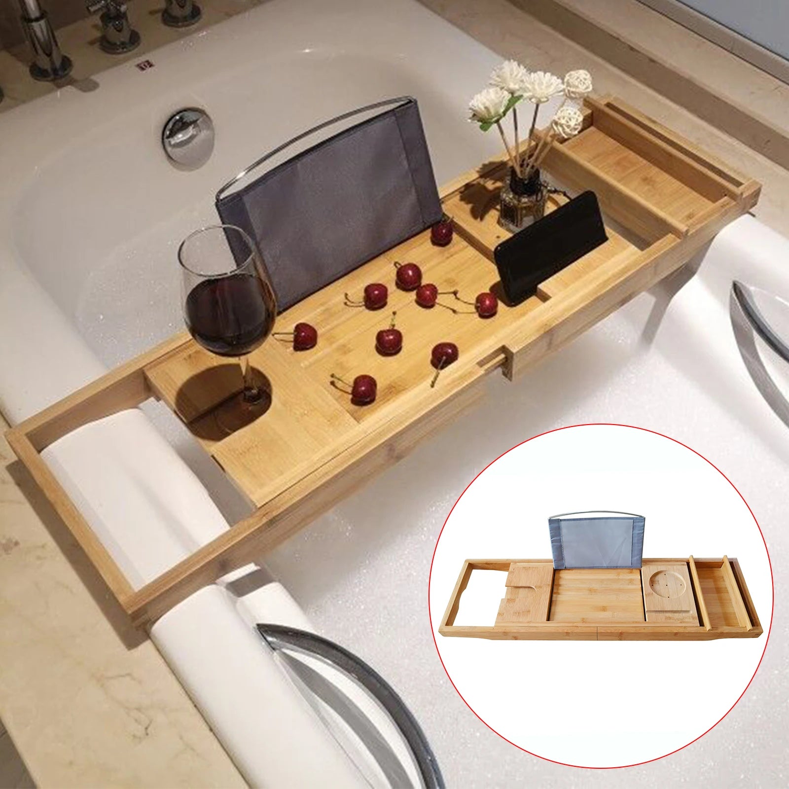 Retractable Design Bamboo Bathtub Tray, Log Color Bamboo and Waterproof Tray, Expandable Strong Load-Bearing Bathroom Tray