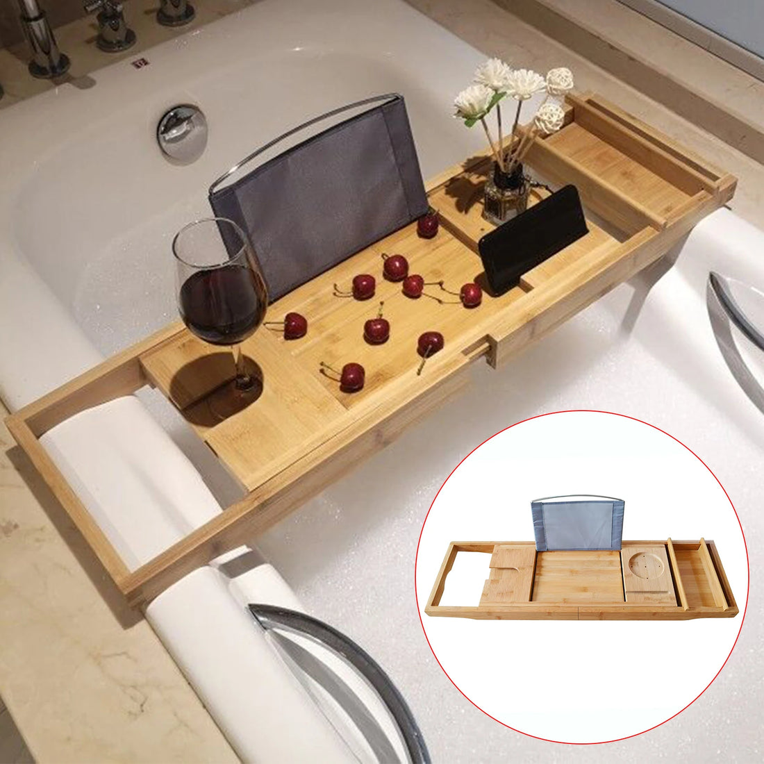 Retractable Design Bamboo Bathtub Tray, Log Color Bamboo and Waterproof Tray, Expandable Strong Load-Bearing Bathroom Tray