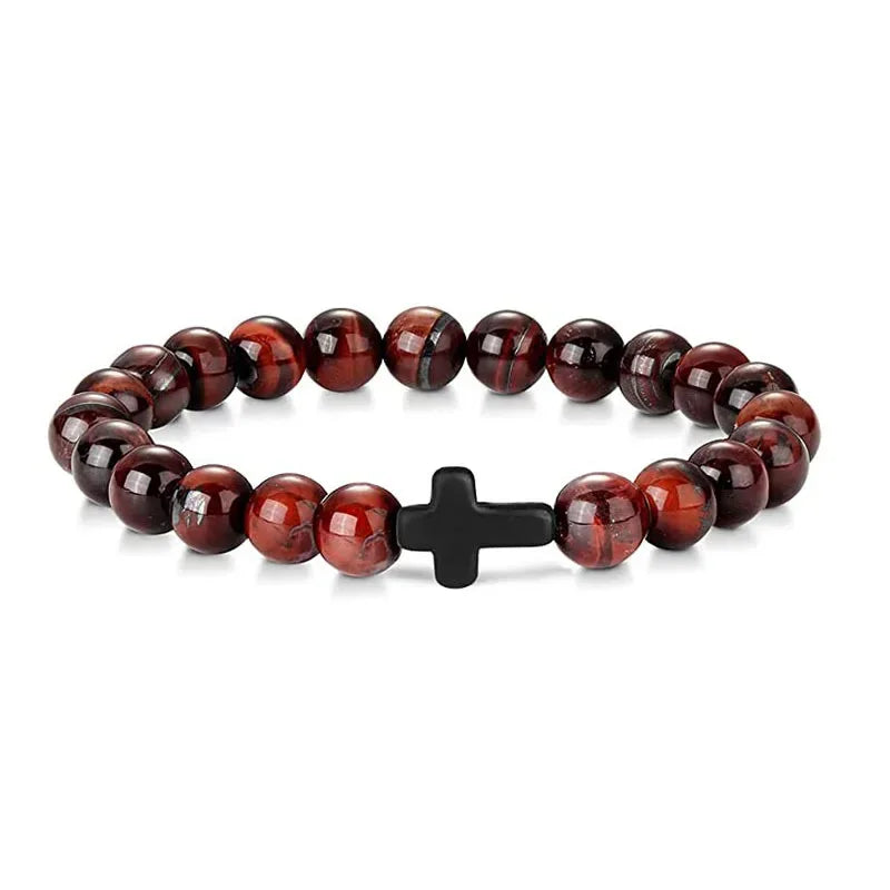 Natural Stone Christian Bracelet – Hematite Cross & Wood Beads for Men & Women