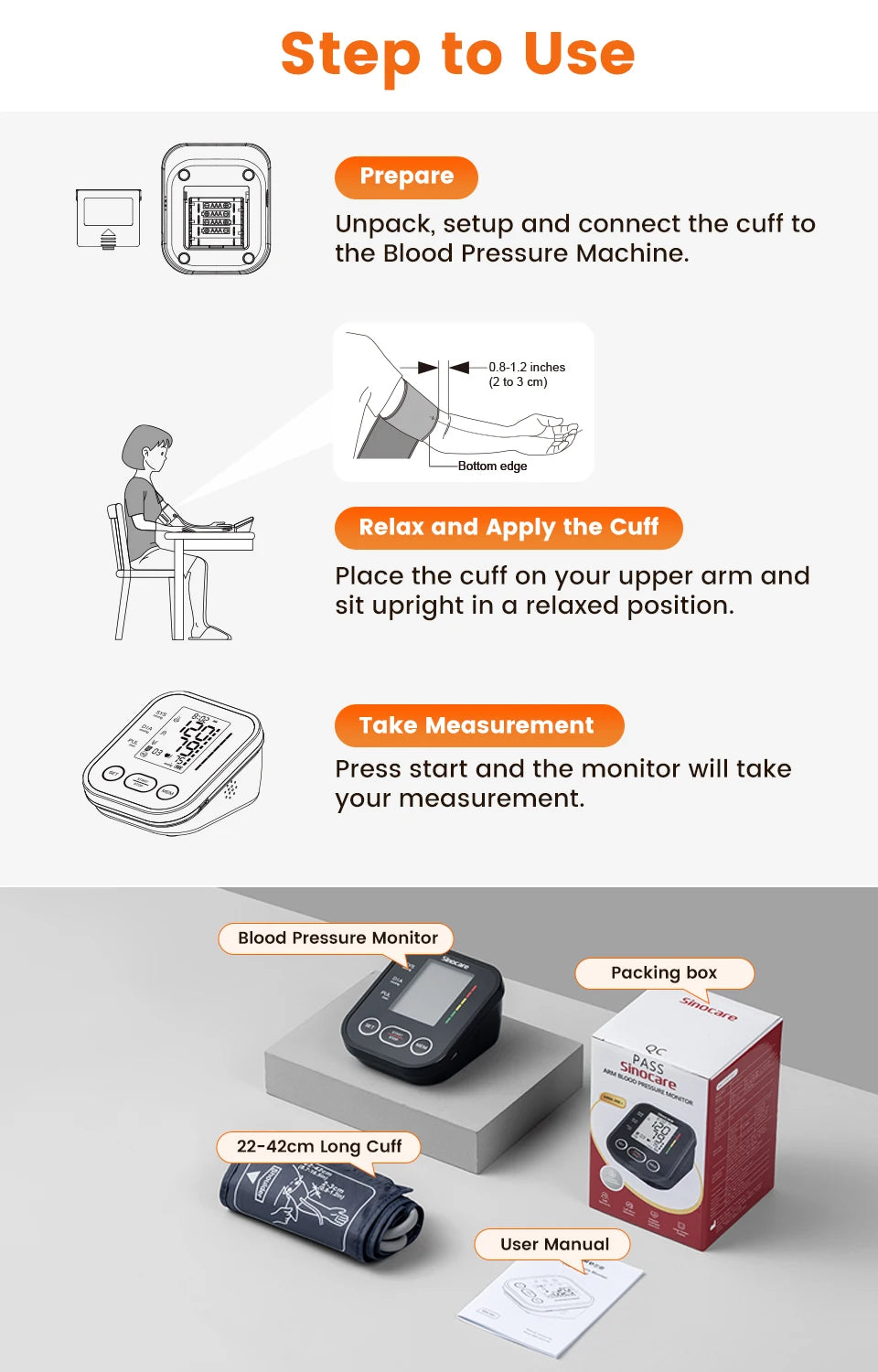 Sinocare Upper Arm Blood Pressure Monitor – Automatic BP & Heart Rate Machine