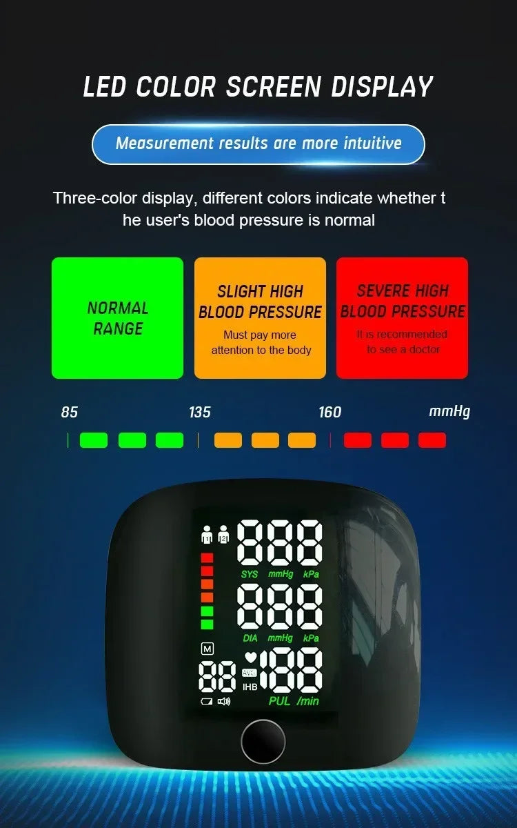 LED Rechargeable Wrist Blood Pressure Monitor – Multilingual Voice Broadcast
