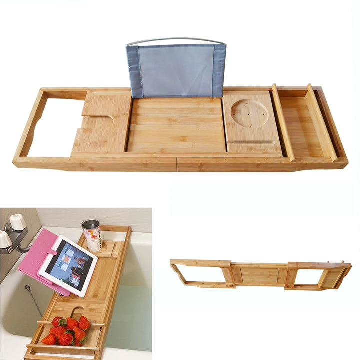 Retractable Design Bamboo Bathtub Tray, Log Color Bamboo and Waterproof Tray, Expandable Strong Load-Bearing Bathroom Tray