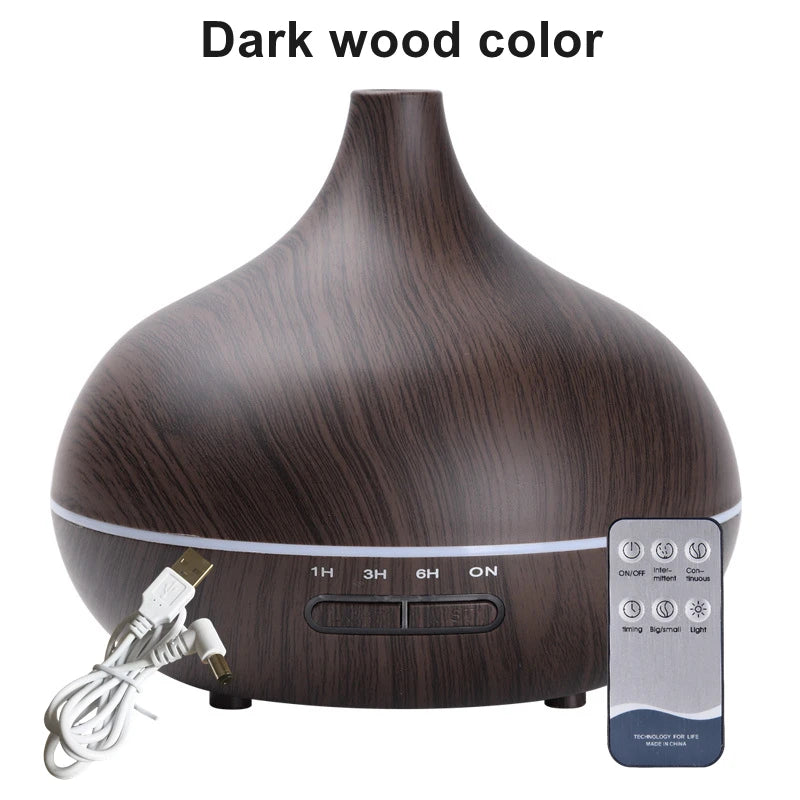 550ml USB Aroma Diffuser – Wood Grain Essential Oil Humidifier with LED & Remote