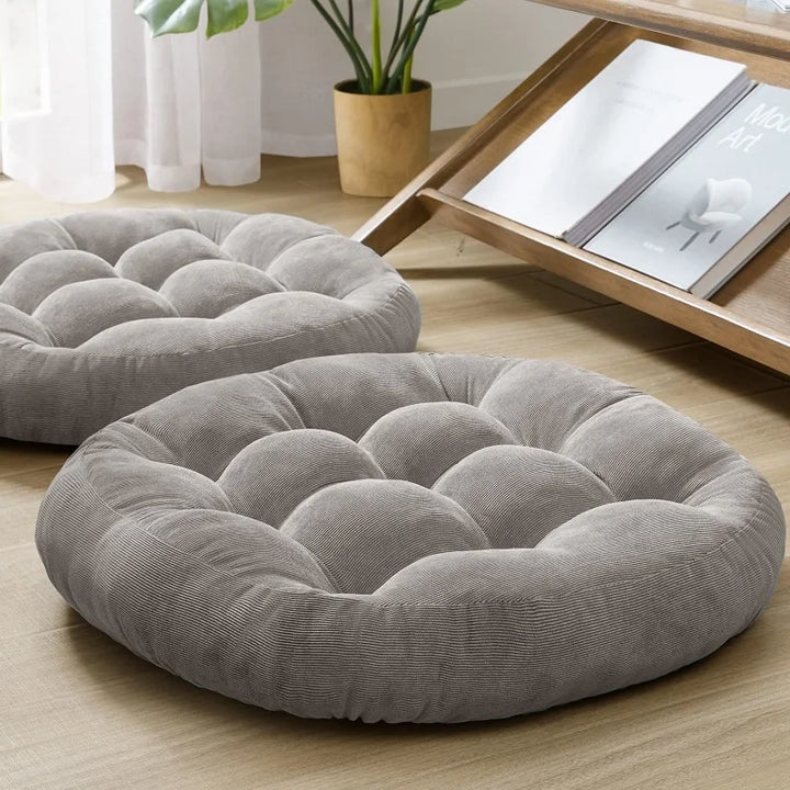 Round Grey Floor Cushion – Large Tufted Corduroy Seating Pillow
