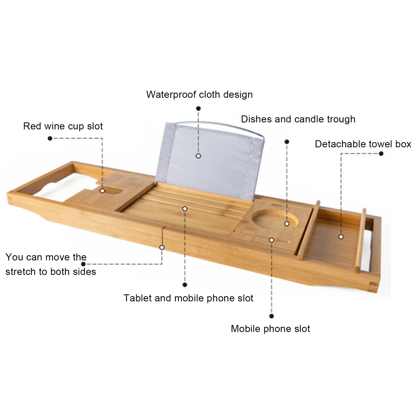 Expandable Bamboo Bathtub Tray – Large Capacity Bath Caddy for Wine, Phone & Tablet