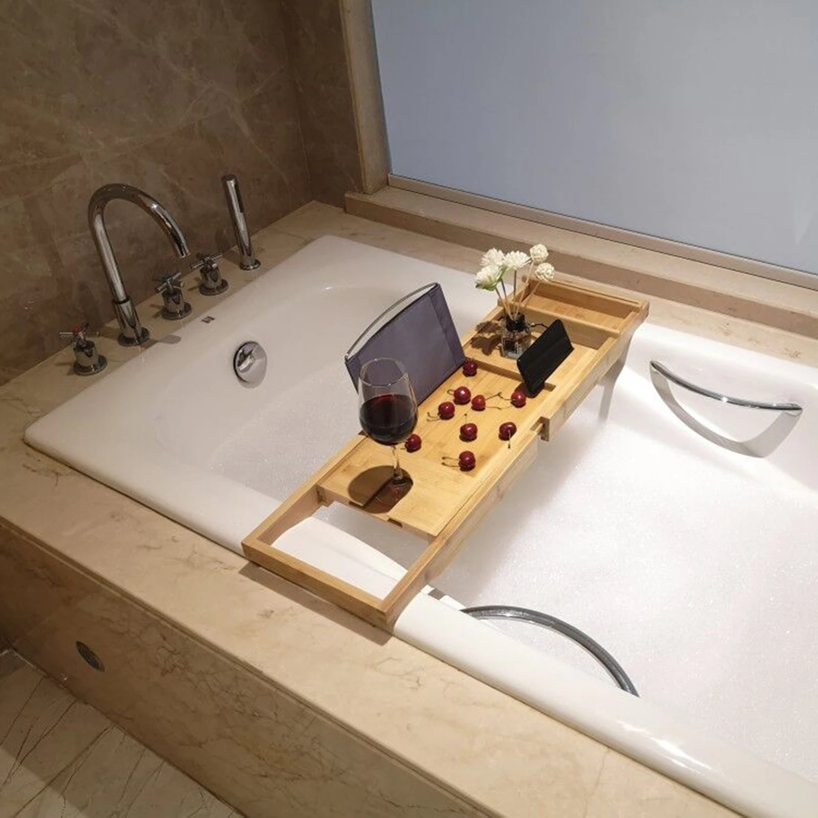 Retractable Design Bamboo Bathtub Tray, Log Color Bamboo and Waterproof Tray, Expandable Strong Load-Bearing Bathroom Tray