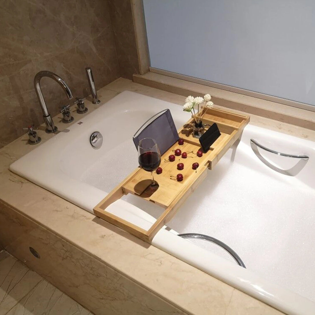 Retractable Design Bamboo Bathtub Tray, Log Color Bamboo and Waterproof Tray, Expandable Strong Load-Bearing Bathroom Tray