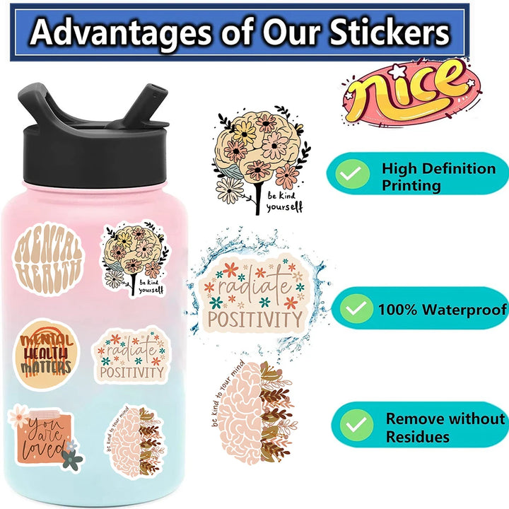 50pcs Mental Health Stickers – Graffiti Decals for Laptop, Water Bottle & More
