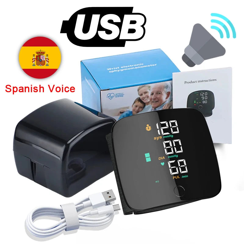 LED Rechargeable Wrist Blood Pressure Monitor – Multilingual Voice Broadcast