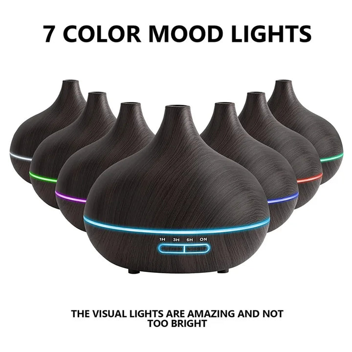 550ml USB Aroma Diffuser – Wood Grain Essential Oil Humidifier with LED & Remote