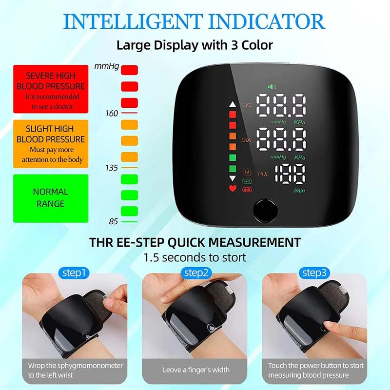 LED Rechargeable Wrist Blood Pressure Monitor – Multilingual Voice Broadcast