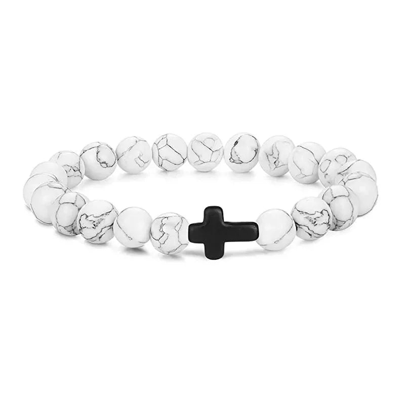 Natural Stone Christian Bracelet – Hematite Cross & Wood Beads for Men & Women