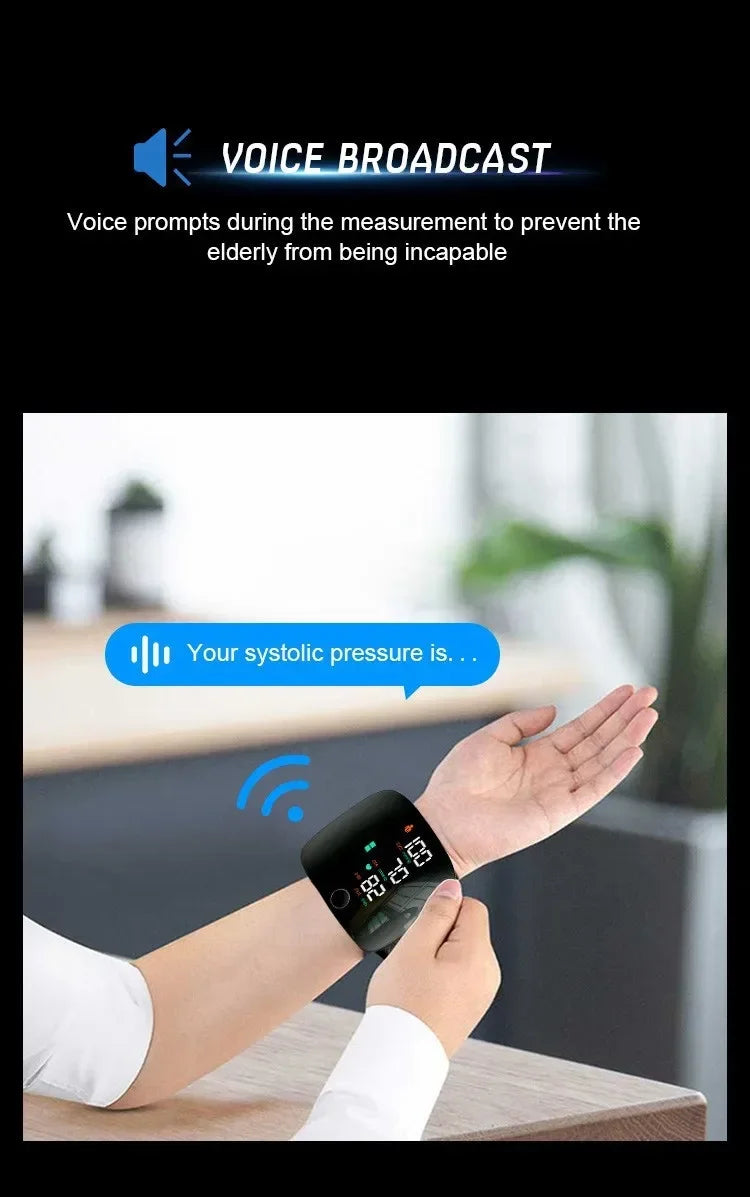 LED Rechargeable Wrist Blood Pressure Monitor – Multilingual Voice Broadcast